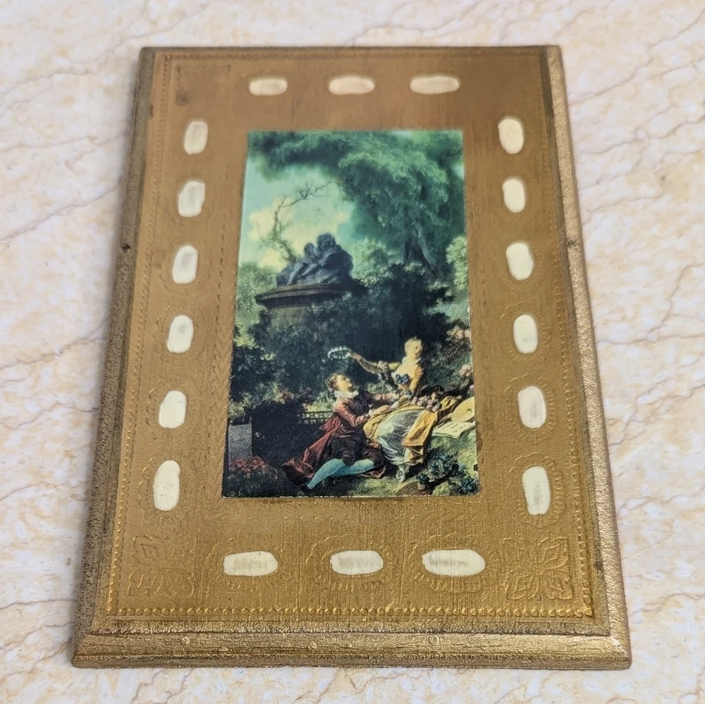 Vintage Italian Florentine Gold Gilt Pair Garden Scene Lady Portrait Wooden Art
